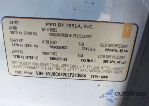 2020 Tesla Model X Long Range Dual Motor All-Wheel Drive/Long Range Plus Dual Motor All-Wheel Drive from USA, damaged, VIN 5YJXCAE20LF243934